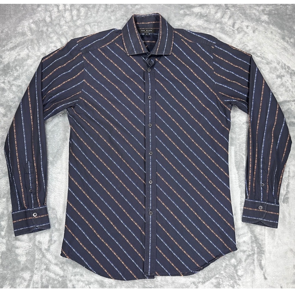 Ted Baker London Mens Navy Blue Diagonal Floral Stripe Button Down Shirt Size 3